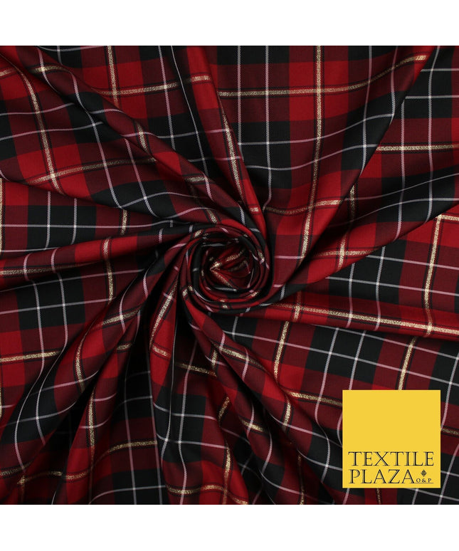 Red Maroon Black Metallic Plaid Check Tartan Dupion Faux Raw Silk Fabric 9649