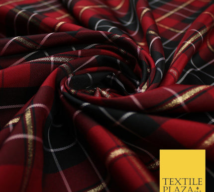 Red Maroon Black Metallic Plaid Check Tartan Dupion Faux Raw Silk Fabric 9649