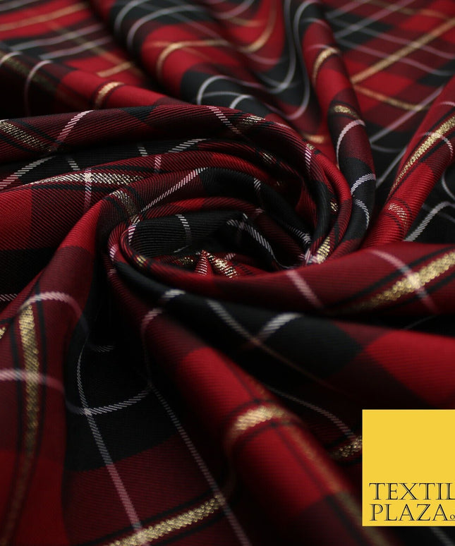 Red Maroon Black Metallic Plaid Check Tartan Dupion Faux Raw Silk Fabric 9649