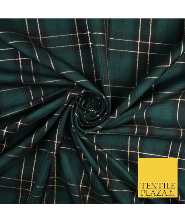Green Black Rocket Plaid Metallic Check Tartan Dupion Faux Raw Silk Fabric 9645