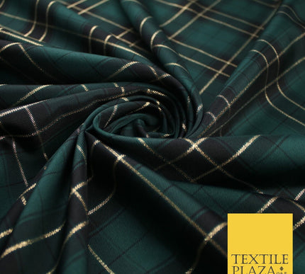 Green Black Rocket Plaid Metallic Check Tartan Dupion Faux Raw Silk Fabric 9645