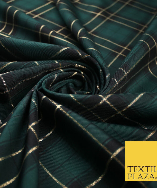 Green Black Rocket Plaid Metallic Check Tartan Dupion Faux Raw Silk Fabric 9645