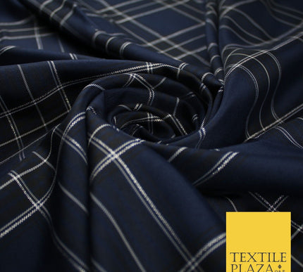 Navy Black Metallic Berg Plaid Check Tartan Dupion Faux Raw Silk Fabric 9646