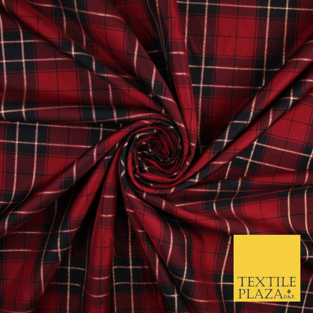 Red / Black Plaid Check Tartan Dupion Faux Raw Silk Dress Craft Fabric 9647