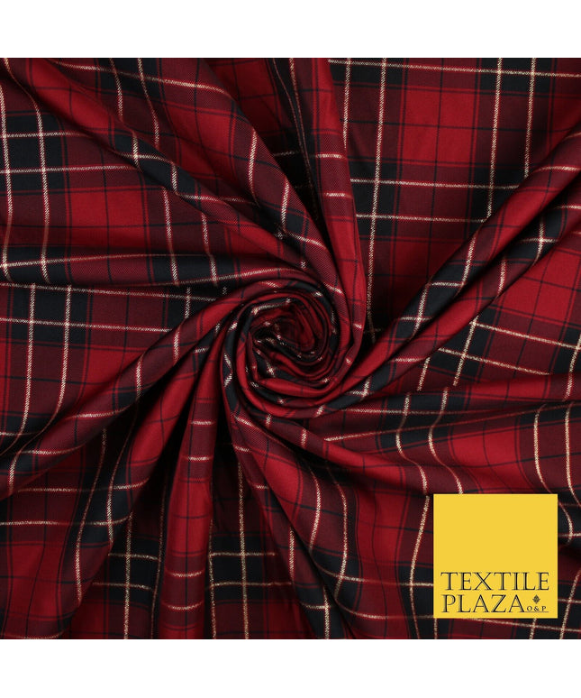 Red / Black Plaid Check Tartan Dupion Faux Raw Silk Dress Craft Fabric 9647