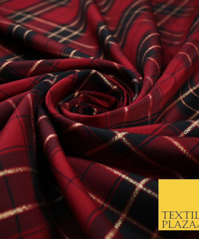 Red / Black Plaid Check Tartan Dupion Faux Raw Silk Dress Craft Fabric 9647