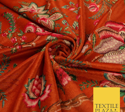 Rust Orange Vintage Floral Printed Micro Velvet Velour Non Stretch Fabric 8821