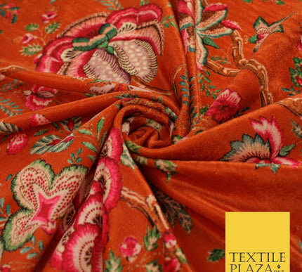 Rust Orange Vintage Floral Printed Micro Velvet Velour Non Stretch Fabric 8821
