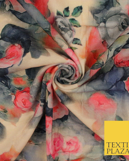 Beige Grey Pink Floral Flower Printed Micro Velvet Velour NonStretch Fabric 8823