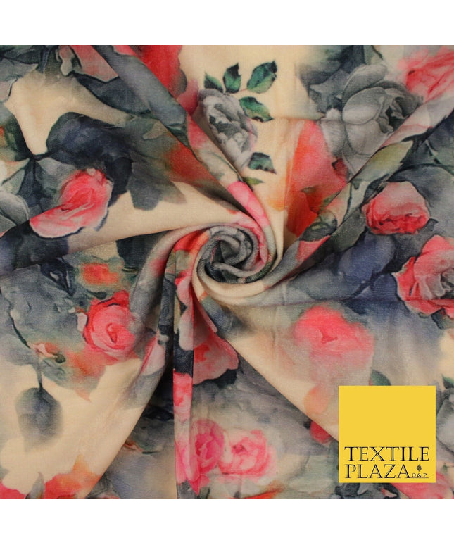 Beige Grey Pink Floral Flower Printed Micro Velvet Velour NonStretch Fabric 8823