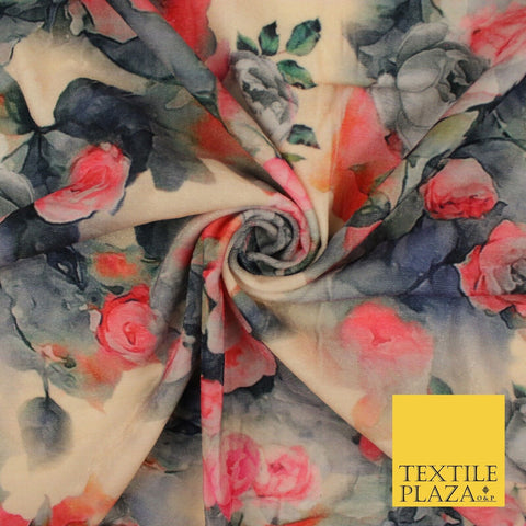 Beige Grey Pink Floral Flower Printed Micro Velvet Velour NonStretch Fabric 8823