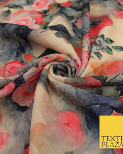 Beige Grey Pink Floral Flower Printed Micro Velvet Velour NonStretch Fabric 8823