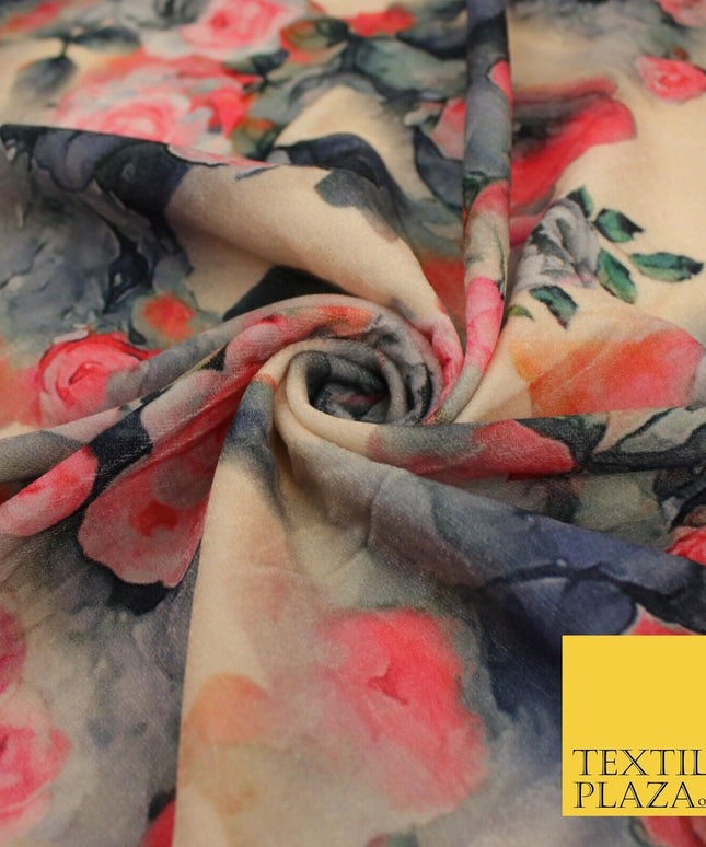 Beige Grey Pink Floral Flower Printed Micro Velvet Velour NonStretch Fabric 8823