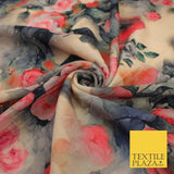 Beige Grey Pink Floral Flower Printed Micro Velvet Velour NonStretch Fabric 8823