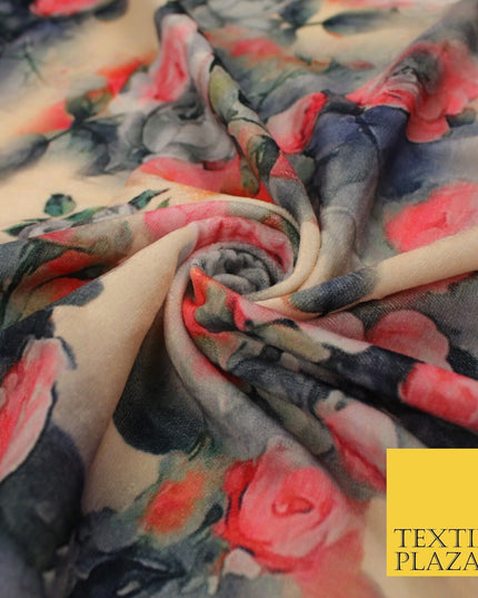 Beige Grey Pink Floral Flower Printed Micro Velvet Velour NonStretch Fabric 8823