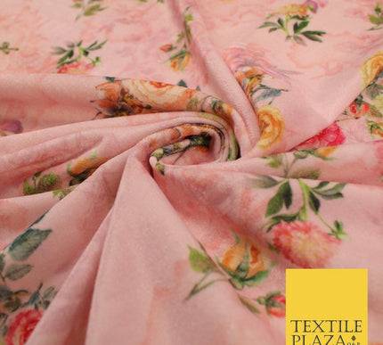 Pink Flower Floral Printed Micro Velvet Velour Non Stretch Fabric 8820