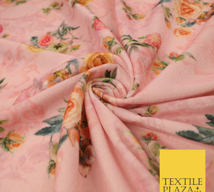 Pink Flower Floral Printed Micro Velvet Velour Non Stretch Fabric 8820