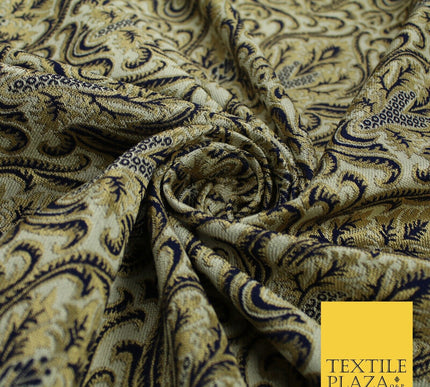 Navy Blue / Maroon Ornate Damask Outline Jacquard Brocade Dress Fabric 59" Wide
