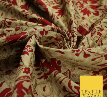 Red / Mahogany Abstract Floral Flowers Jacquard Brocade Dress Fabric 59" Wide