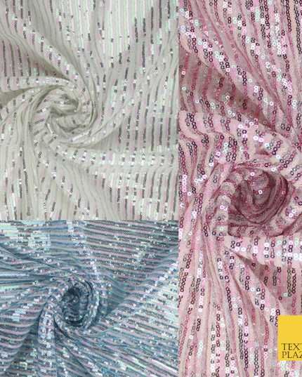 3 COLOURS - Sequin Stripe Pearl Shiny Stretch Mesh Net Tulle Dress Fabric 48"