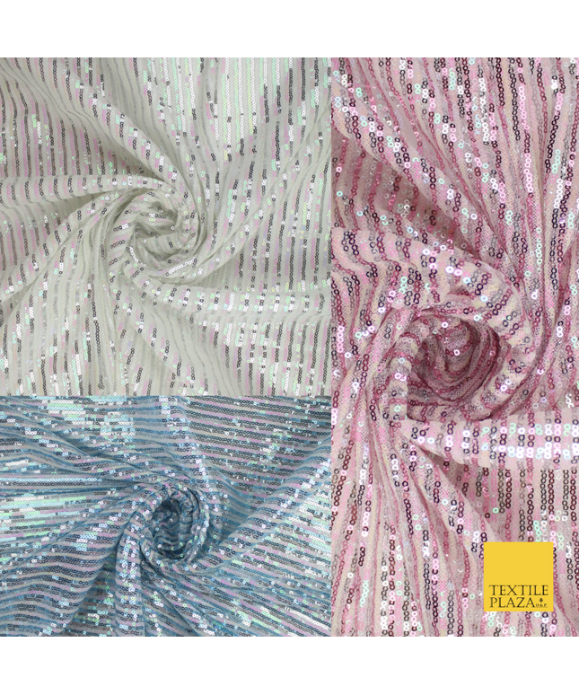 3 COLOURS - Sequin Stripe Pearl Shiny Stretch Mesh Net Tulle Dress Fabric 48"