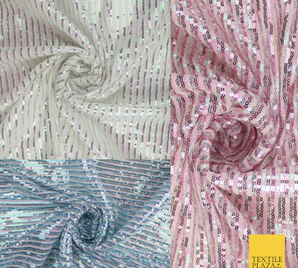 3 COLOURS - Sequin Stripe Pearl Shiny Stretch Mesh Net Tulle Dress Fabric 48"