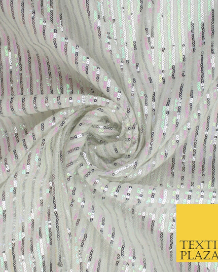 3 COLOURS - Sequin Stripe Pearl Shiny Stretch Mesh Net Tulle Dress Fabric 48"