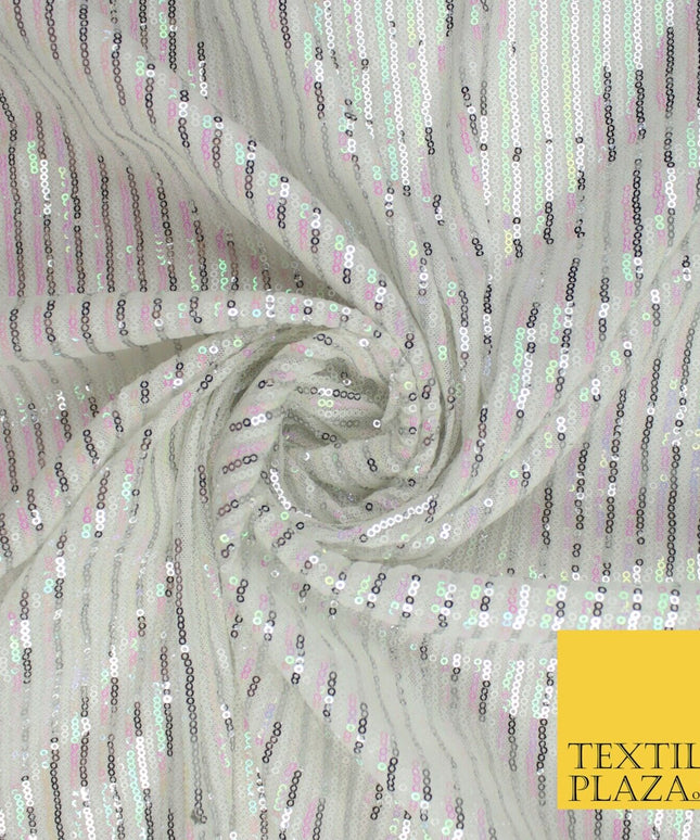3 COLOURS - Sequin Stripe Pearl Shiny Stretch Mesh Net Tulle Dress Fabric 48"