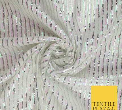 3 COLOURS - Sequin Stripe Pearl Shiny Stretch Mesh Net Tulle Dress Fabric 48"