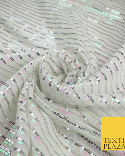 3 COLOURS - Sequin Stripe Pearl Shiny Stretch Mesh Net Tulle Dress Fabric 48"