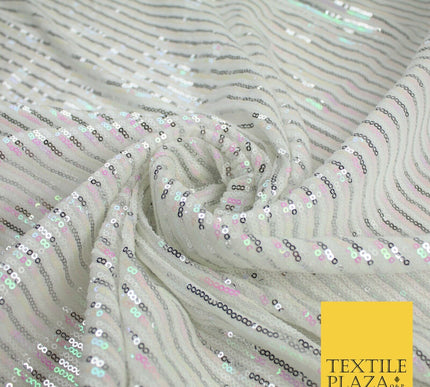 3 COLOURS - Sequin Stripe Pearl Shiny Stretch Mesh Net Tulle Dress Fabric 48"