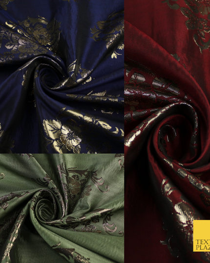 3 COLOURS - Antique Gold Floral Textured Metallic Fancy Brocade Jacquard Fabric