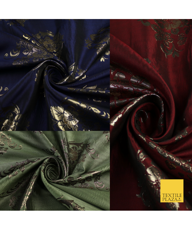 3 COLOURS - Antique Gold Floral Textured Metallic Fancy Brocade Jacquard Fabric