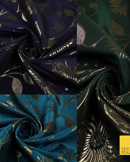 3 COLOURS - Antique Gold Floral Vine Metallic Fancy Brocade Jacquard Fabric