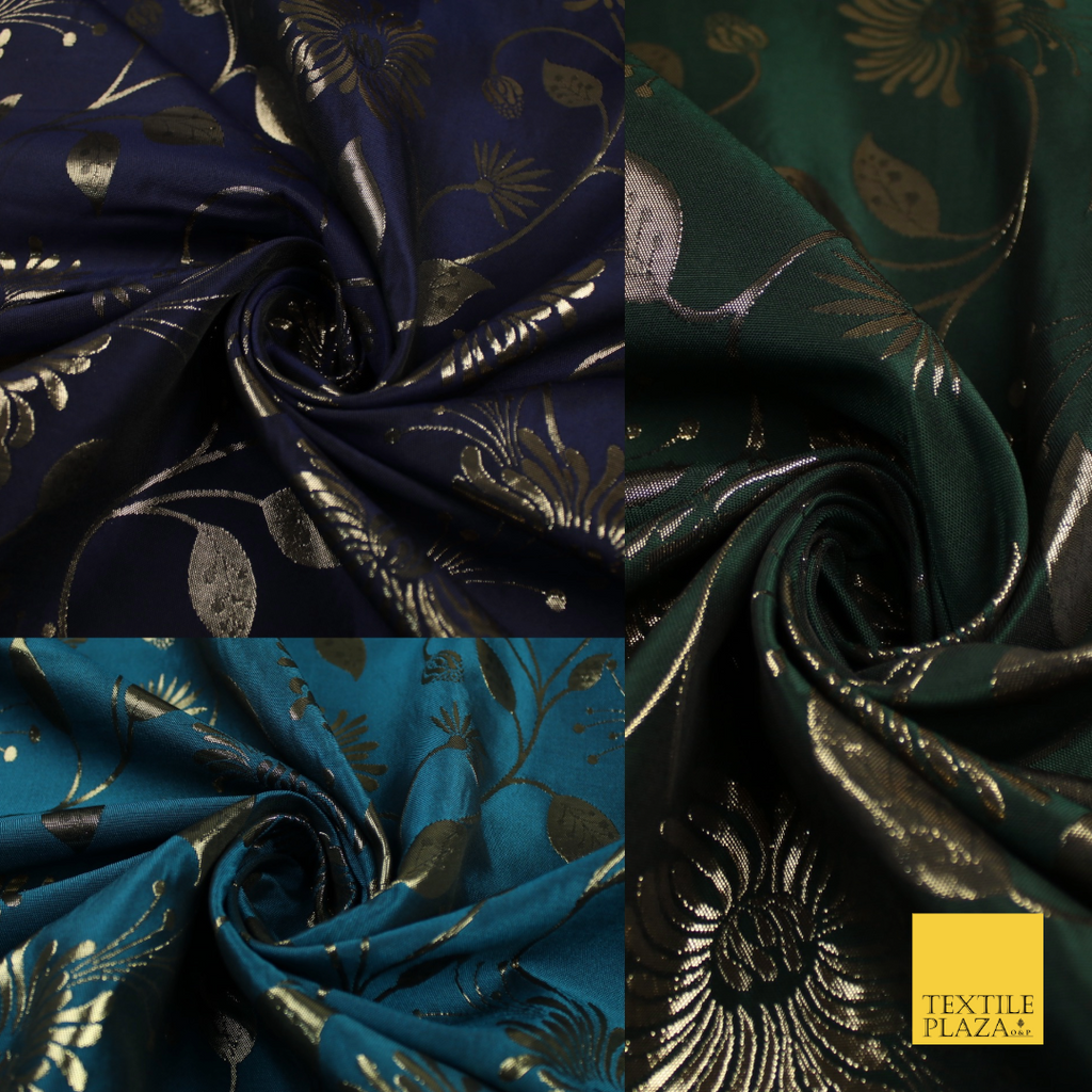 3 COLOURS - Antique Gold Floral Vine Metallic Fancy Brocade Jacquard Fabric