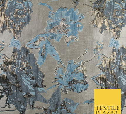 Sky Blue Gold Large Floral Rose Wacky Arty Metallic Textured Brocade Fabric 9311