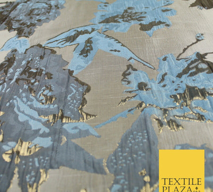 Sky Blue Gold Large Floral Rose Wacky Arty Metallic Textured Brocade Fabric 9311