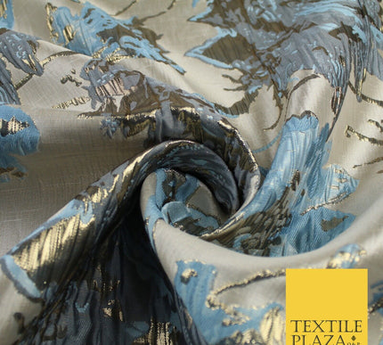 Sky Blue Gold Large Floral Rose Wacky Arty Metallic Textured Brocade Fabric 9311