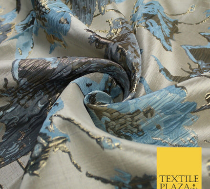 Sky Blue Gold Large Floral Rose Wacky Arty Metallic Textured Brocade Fabric 9311