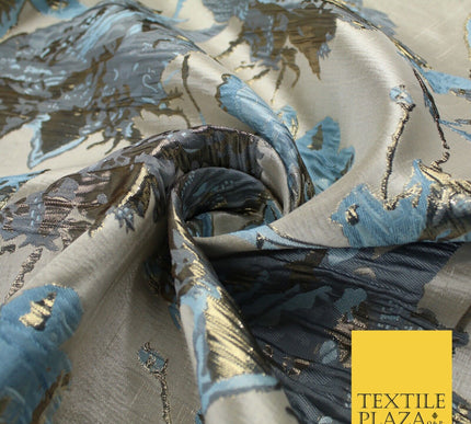 Sky Blue Gold Large Floral Rose Wacky Arty Metallic Textured Brocade Fabric 9311