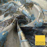 Sky Blue Gold Large Floral Rose Wacky Arty Metallic Textured Brocade Fabric 9311