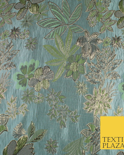 Sage Green Blue Large Floral Rose Wacky Metallic Textured Brocade Fabric 9312