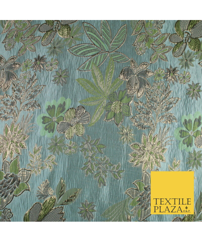 Sage Green Blue Large Floral Rose Wacky Metallic Textured Brocade Fabric 9312