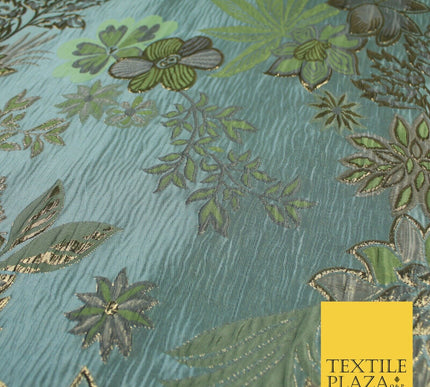 Sage Green Blue Large Floral Rose Wacky Metallic Textured Brocade Fabric 9312