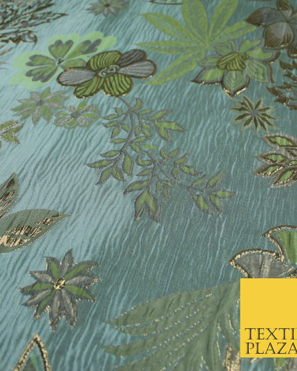Sage Green Blue Large Floral Rose Wacky Metallic Textured Brocade Fabric 9312