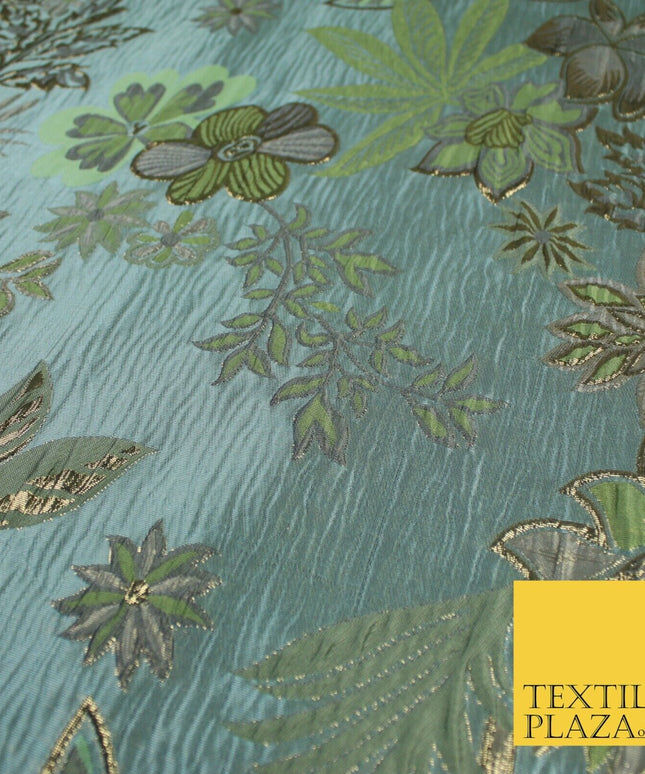 Sage Green Blue Large Floral Rose Wacky Metallic Textured Brocade Fabric 9312