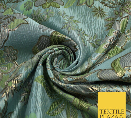 Sage Green Blue Large Floral Rose Wacky Metallic Textured Brocade Fabric 9312