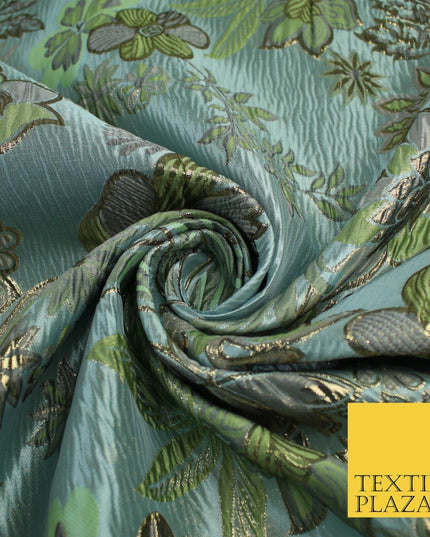 Sage Green Blue Large Floral Rose Wacky Metallic Textured Brocade Fabric 9312