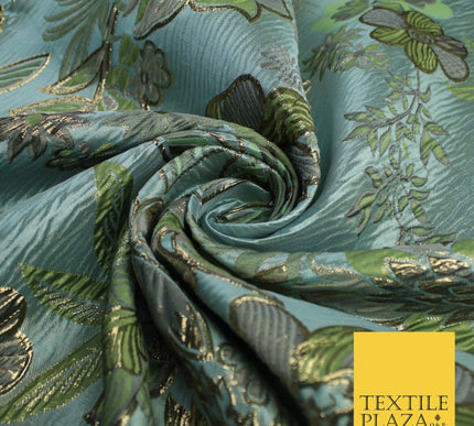 Sage Green Blue Large Floral Rose Wacky Metallic Textured Brocade Fabric 9312