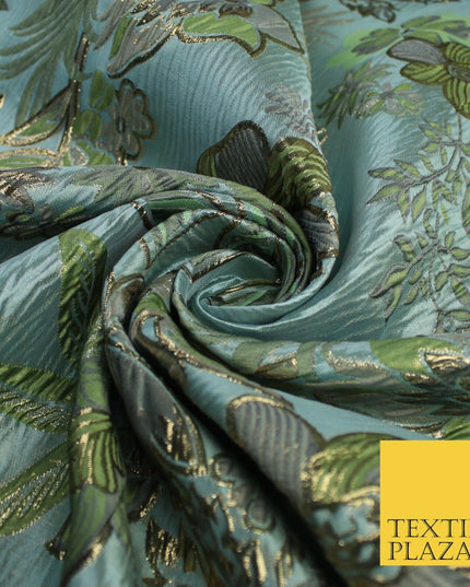 Sage Green Blue Large Floral Rose Wacky Metallic Textured Brocade Fabric 9312